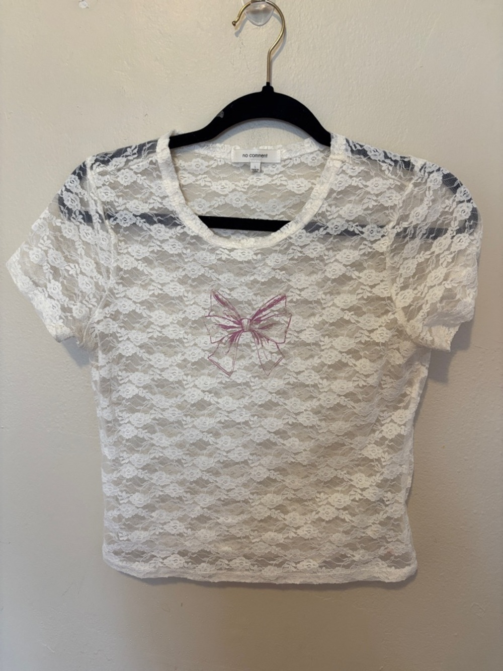 No Comment White Lace Crop Top with Pink Bow Embroidery